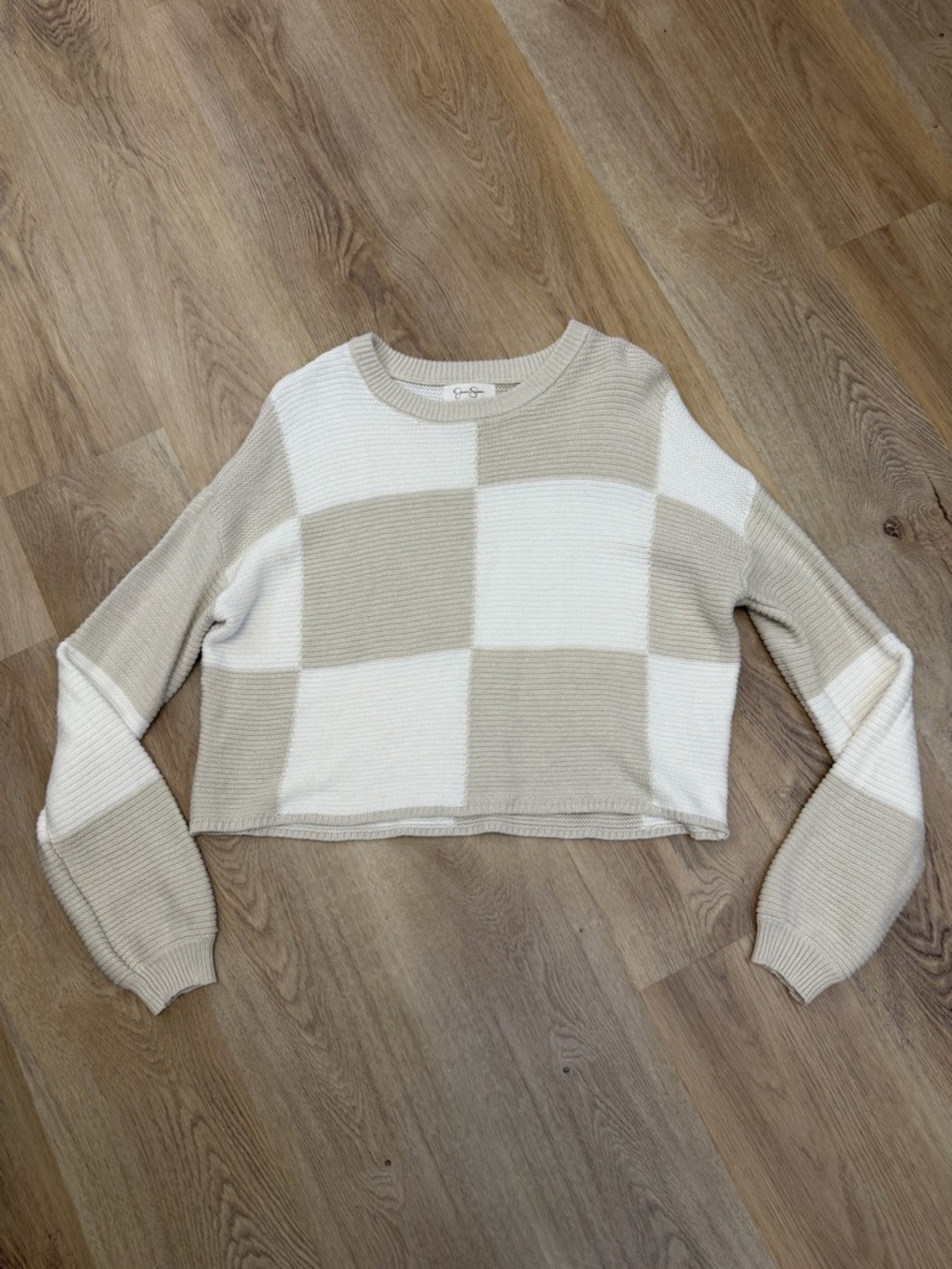 Jessica Simpson Cream & White Checkered Cropped Sweater